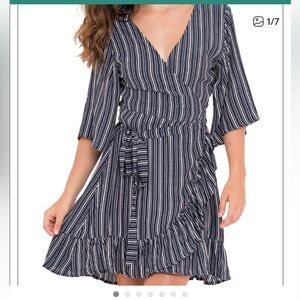 BEACHGOLD Janice wrap dress in Audrey Navy and White striped ruffles XS NWT